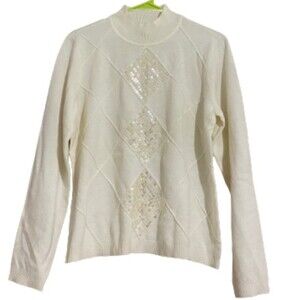 Jennifer Moore Women’s Diamond Sequin Detail Turtleneck Cream Sweater Size S-M